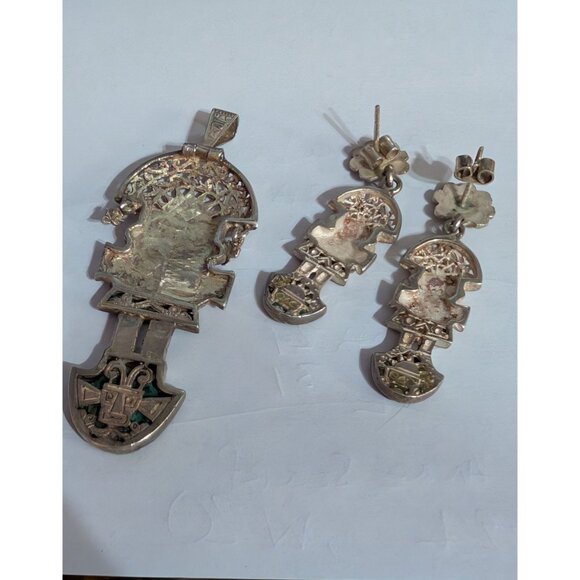 Peruvian Sterling Silver & Turquoise Inca Warrior Pendant & Earrings Set - Picture 4 of 4